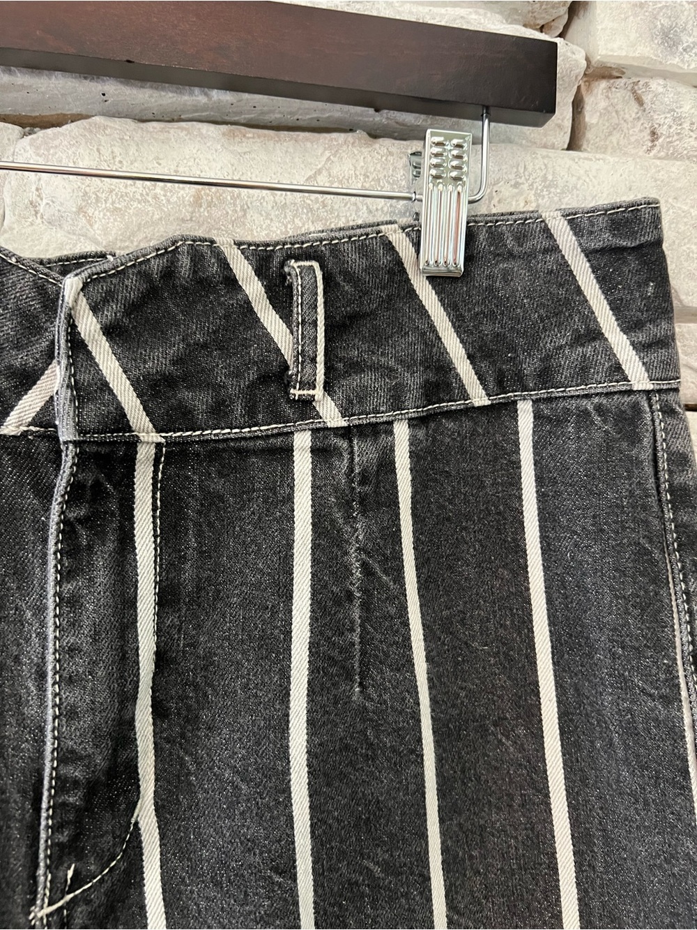 BDG Black High Waisted Cropped Jeans with White Vertical Stripes - Picture 3 of 13